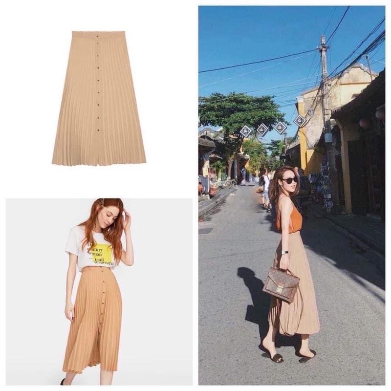 Pass váy xếp ly stra hot hit chuẩn auth màu kem