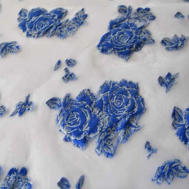 Vải gấm dệt nổi họa tiết hoa hồng xanh