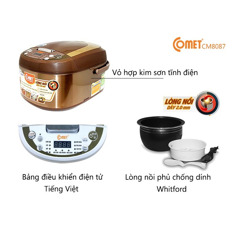 CM8087 - NỒI CƠM ĐIỆN TỬ NẮP GÀI 3D COMET 1.8L (5-6 NGƯỜI ĂN) BẢO HÀNH CHÍNH HÃNG 12 THÁNG