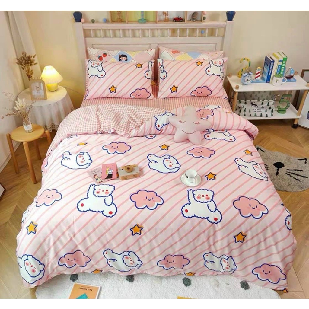 Bộ chăn ga gối cotton poly cao cấp, Sét 4 món chăn ga gối mẫu hình phong cách Hàn Quốc