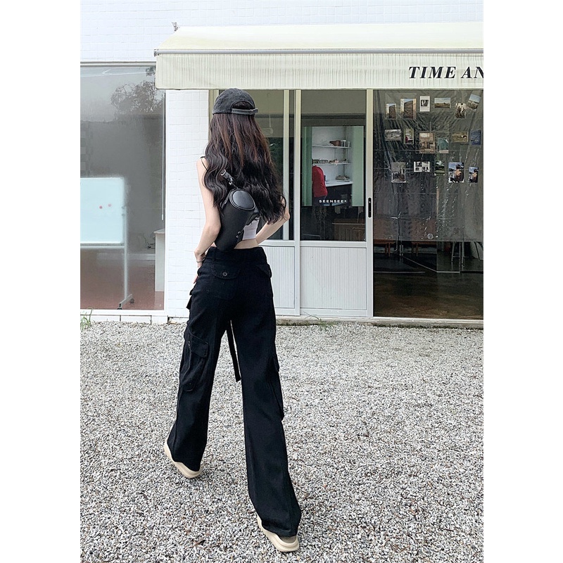 Quần Yếm Jean Hồng Dáng Rộng Nhiều Túi Phong Cách Retro Mỹ Mới Cho Nữ