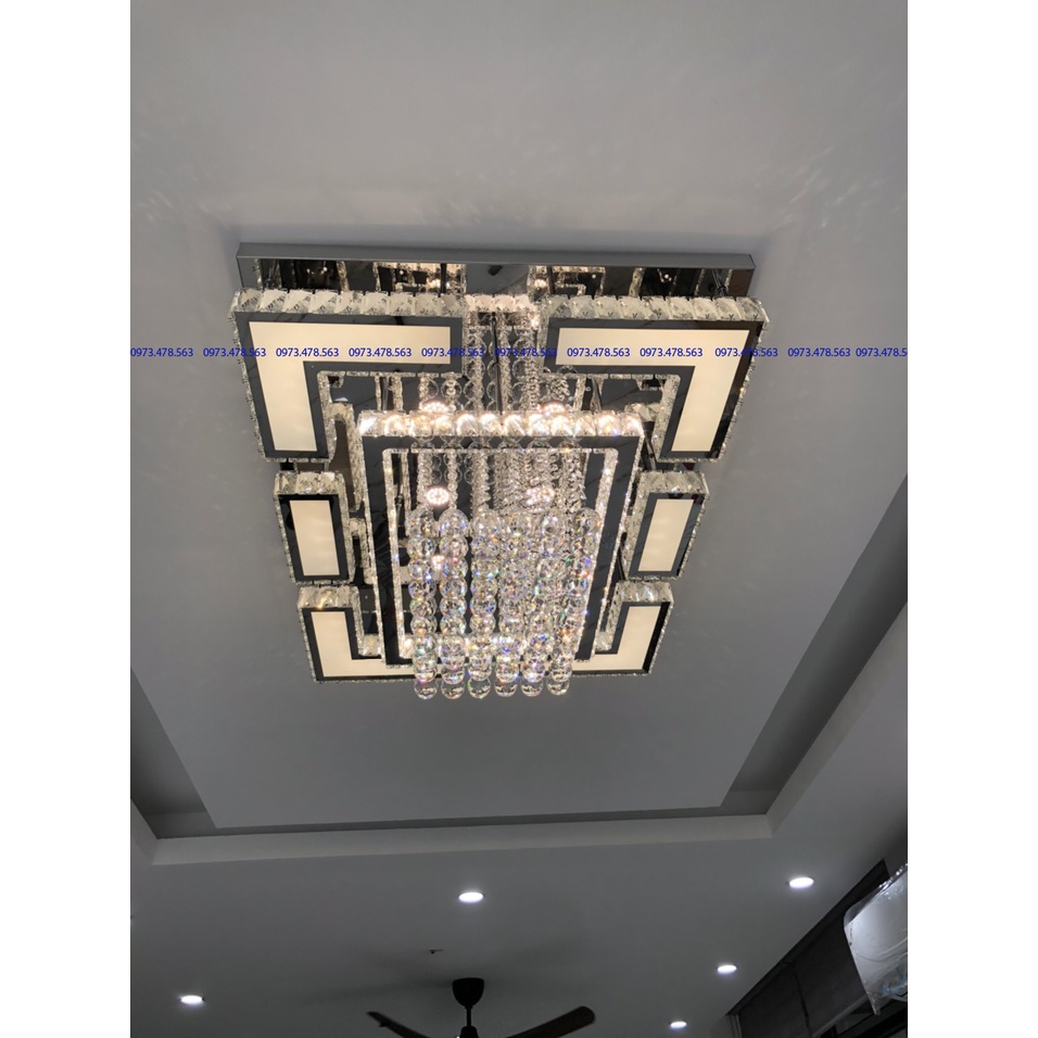 Đèn trần, Đèn mâm ốp trần pha lê hình chữ nhật KT: 80*60cm trang trí phòng khách phòng ngủ đèn 3 màu ánh sáng