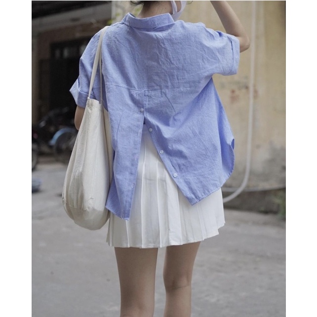 Áo sơ mi cộc tay xẻ lưng cài cúc sau siêu hot 9150, Áo sơmi cộc tay kẻ nhỏ kiểu Hàn Quốc