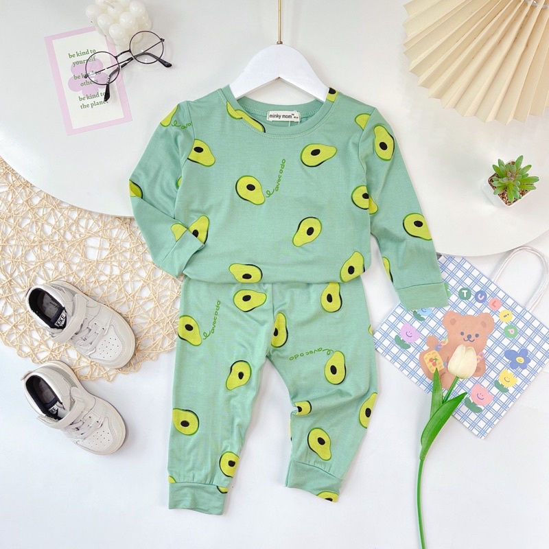 NT081 Bộ đồ dài tay thun lạnh Minky Mom hoạ tiết sinh tố trái cây cho bé