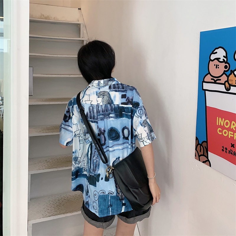 Áo sơ mi SUXI tay ngắn dáng rộng in họa tiết phong cách cổ điển cho nữ