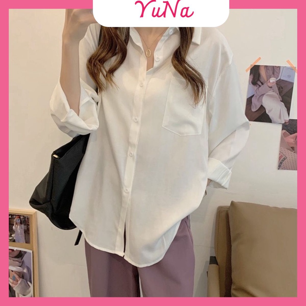 Áo sơ mi nữ công sở form rộng dài tay màu trắng lụa hàn mát mịn phong cách Ulzzang Hàn Quốc