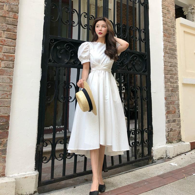 2021 new summer skirt retro palace style puff sleeve front short back long white dress ladies trendy