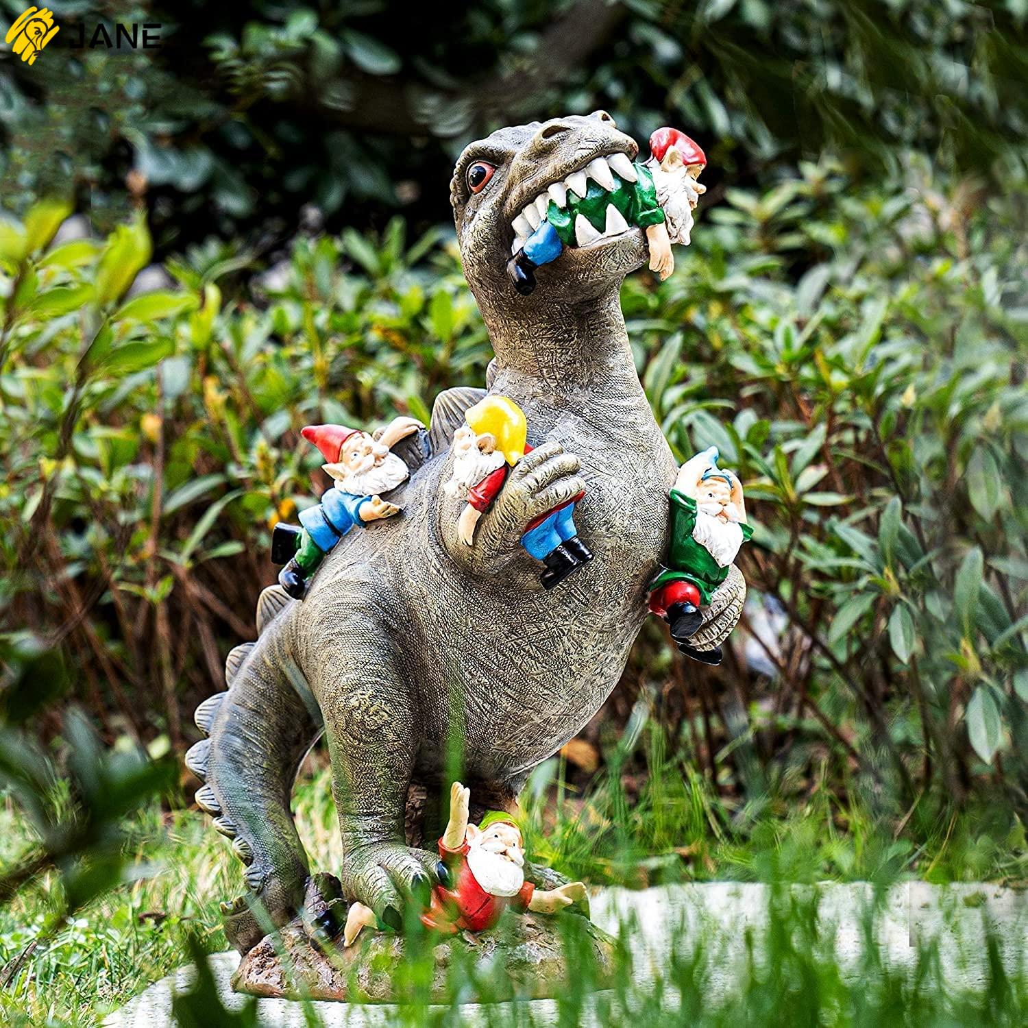 JANE Creative Dinosaur Eating Gnomes Cartoon Gnomes Statue Garden Statue Patio Lawn Art Decor Indoor Outdoor Funny Photo Props Yard Sculpture