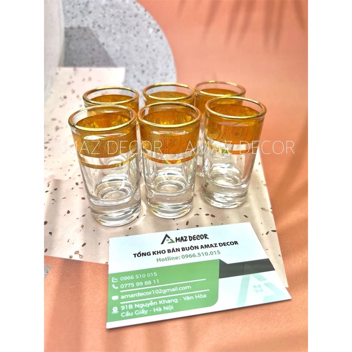 Bộ 6 ly chén uống rượu thủy tinh đế tròn dày khảm họa tiết vàng cao cấp