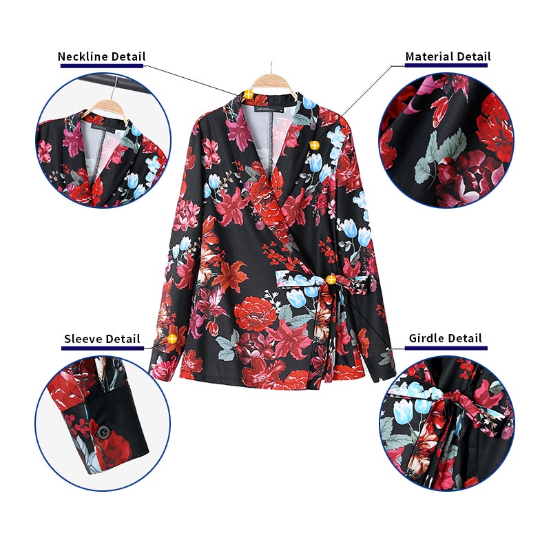 Áo khoác blazer nữ ZANZEA tay dài cổ đắp chéo in hoa phong cách châu Âu