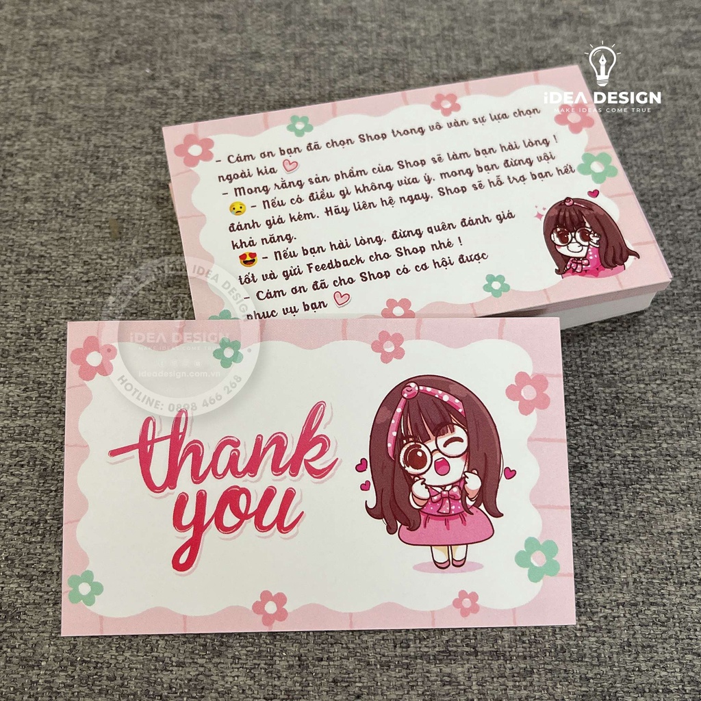 Card Cám Ơn, Card Thank You, Thiệp Cám Ơn - Size 9x5,4cm - Giấy C300 Cán Màng Mờ Hình Cô Gái Siêu Dễ Thương