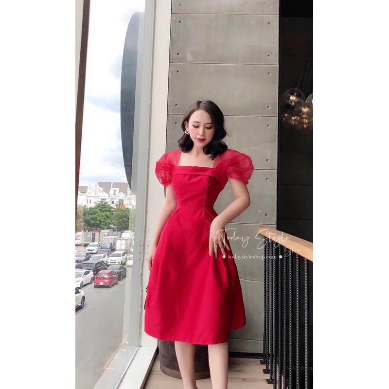 (Kèm hình thật sàn) ĐẦM MIDI ĐỎ CÚP NGỰC RỚT VAI PHỐI TAY VOAN 💚