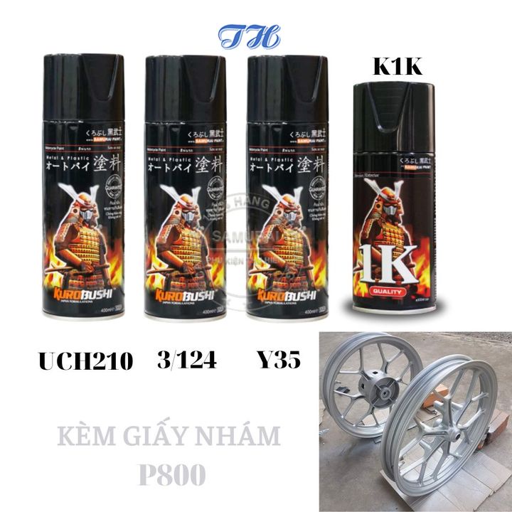 Combo 4 chai sơn samurai  Y35* Màu bạc gồm: uch210 - 3/124 - y35 - k1k - giấy nhám p800