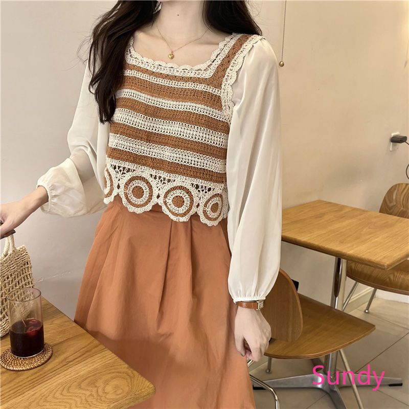 Áo Sơ Mi Chiffon Dệt Kim Tay Dài Cổ Vuông Phong Cách Hàn Quốc Thời Trang Mùa Thu Dành Cho Nữ