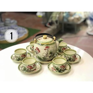 Bộ ấm chén Bát Tràng-Hoa Đào-Hoa Sen-Hoa Mai-Men do