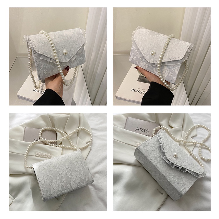 Túi xách đeo chéo nữ phong cách tiểu thư đính ngọc nhân tạo màu đen trắng