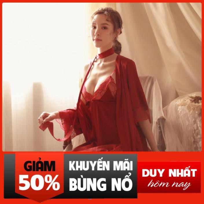 Áo choàng kimono lụa phối ren hàng nhập cao cấp (Màu đỏ - không kèm váy bên trong) đẹp