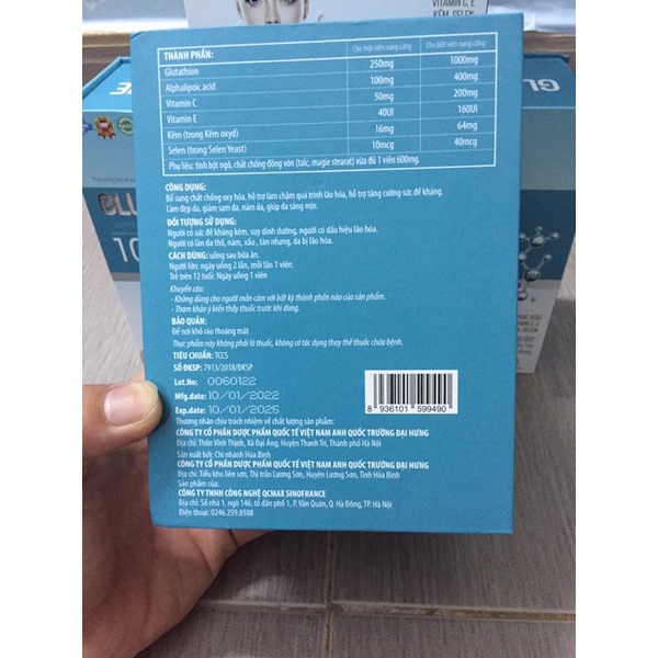 Viên uống trắng da Glutathione 1000mg mịn da cam kết hiệu quả sau 1 tháng
