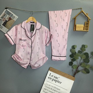 Pijama Lụa satin Tay ngắn quần dài Sọc mèo