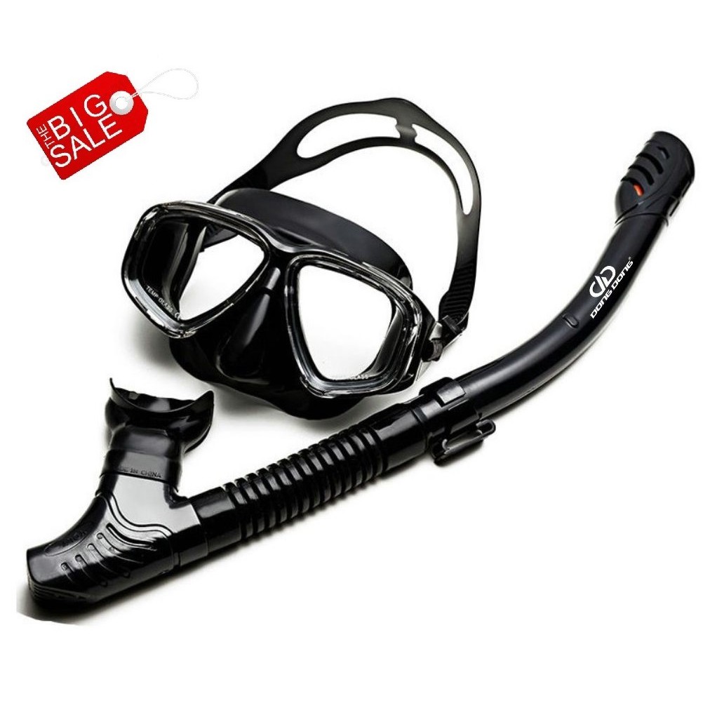 Bộ kính lặn + Ống thở ngăn nước 1 chiều, mắt KÍNH CƯỜNG LỰC chính hãng - POKI