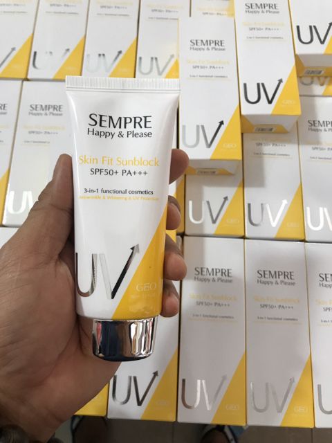 Kem chống nắng dưỡng trắng Geo Sempre Happy & Please skin fit sun block SPF 50pa +++