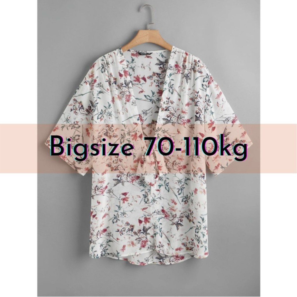 ÁO KIMONO ĐI BIỂN MÀU TRẮNG HOA TAY NGẮN THẮT NƠ PHÍA TRƯỚC 70-110KG-A128
