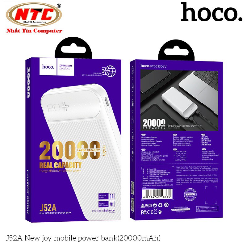 Pin sạc dự phòng Hoco J52A New joy 20000mAh lõi Li-Polymer 2 cổng sạc Output max 2A - Hàng Chính Hãng