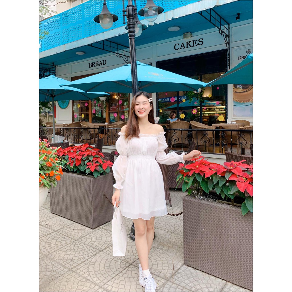 Đầm nữ trắng dự tiệc trễ vai, nhún eo tay phồng dạo phố siêu dễ thương | BigBuy360 - bigbuy360.vn