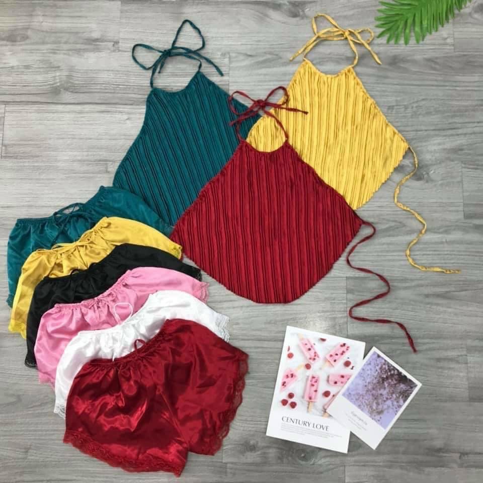 Đồ Ngủ Sexy Nữ - Set yếm ngủ dễ thương gợi cảm chất satin free size dưới 58kg
