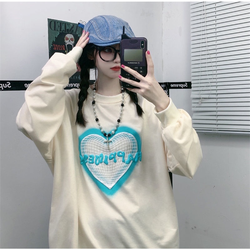 Áo sweater ZHELIHANGFEI tay dài dáng rộng họa tiết trái tim phong cách trẻ trung năng động