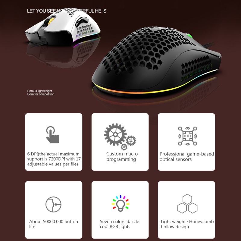 Chuột Máy Tính Có Dây Họa Tiết Tổ Ong RGB Chơi Game Cho FPS Game MOBA