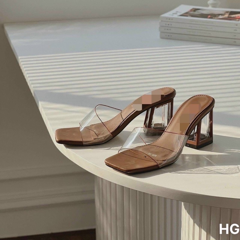 Guốc quai trong màu nâu tây Hottrend gót vuông 7cm