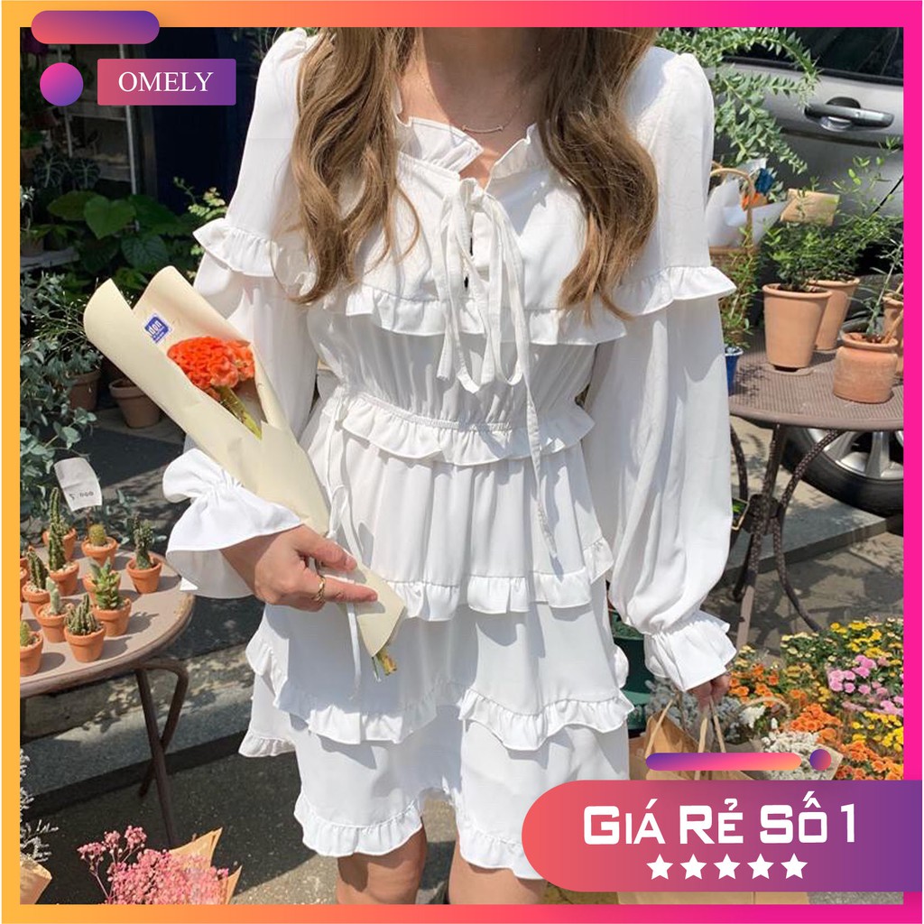Váy tầng bèo nữ Omely đầm nữ buộc nơ viền 3 tầng dáng xuông dáng rộng