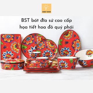Bộ chén đĩa sứ họa tiết hoa đỏ phong cách Âu Mỹ Under1000k