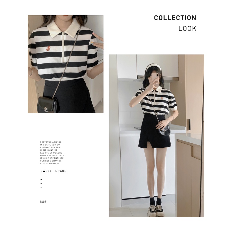 Áo polo Ngắn Tay Dáng Rộng Họa Tiết Kẻ Sọc Trắng Đen Phong Cách Retro Mỹ Hàng Mới Dành Cho Bạn Nữ