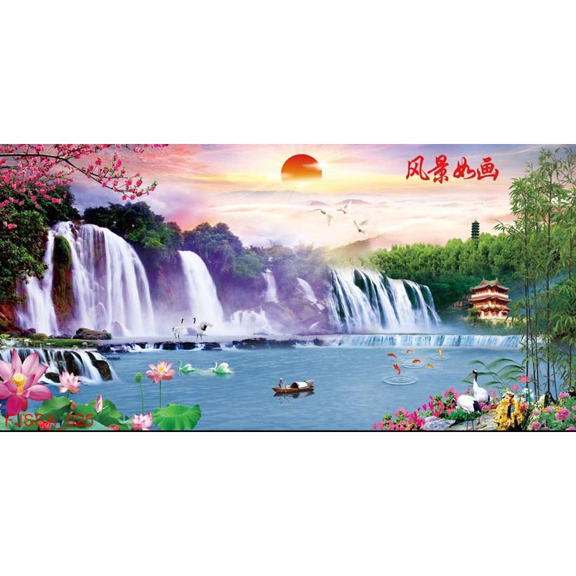 Tranh dán tường 3D thác nước sơn thủy