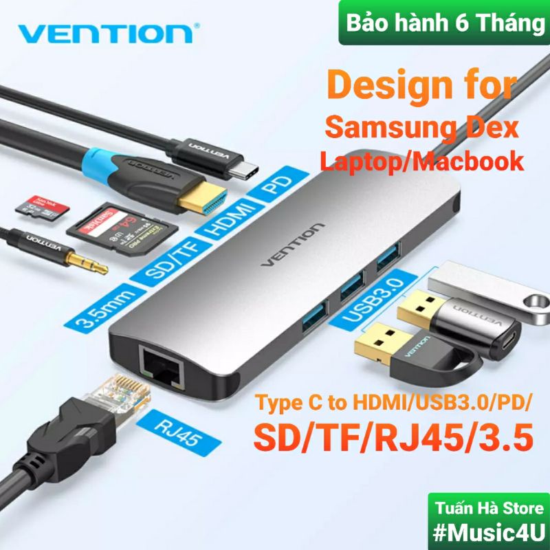 Bộ chuyển đổi Hub 9 in 1 USB Type C to sang HDMI 4K USB3.0 TF RJ45 Vention Ravpower Aukey cho Samsung dex Macbook Laptop