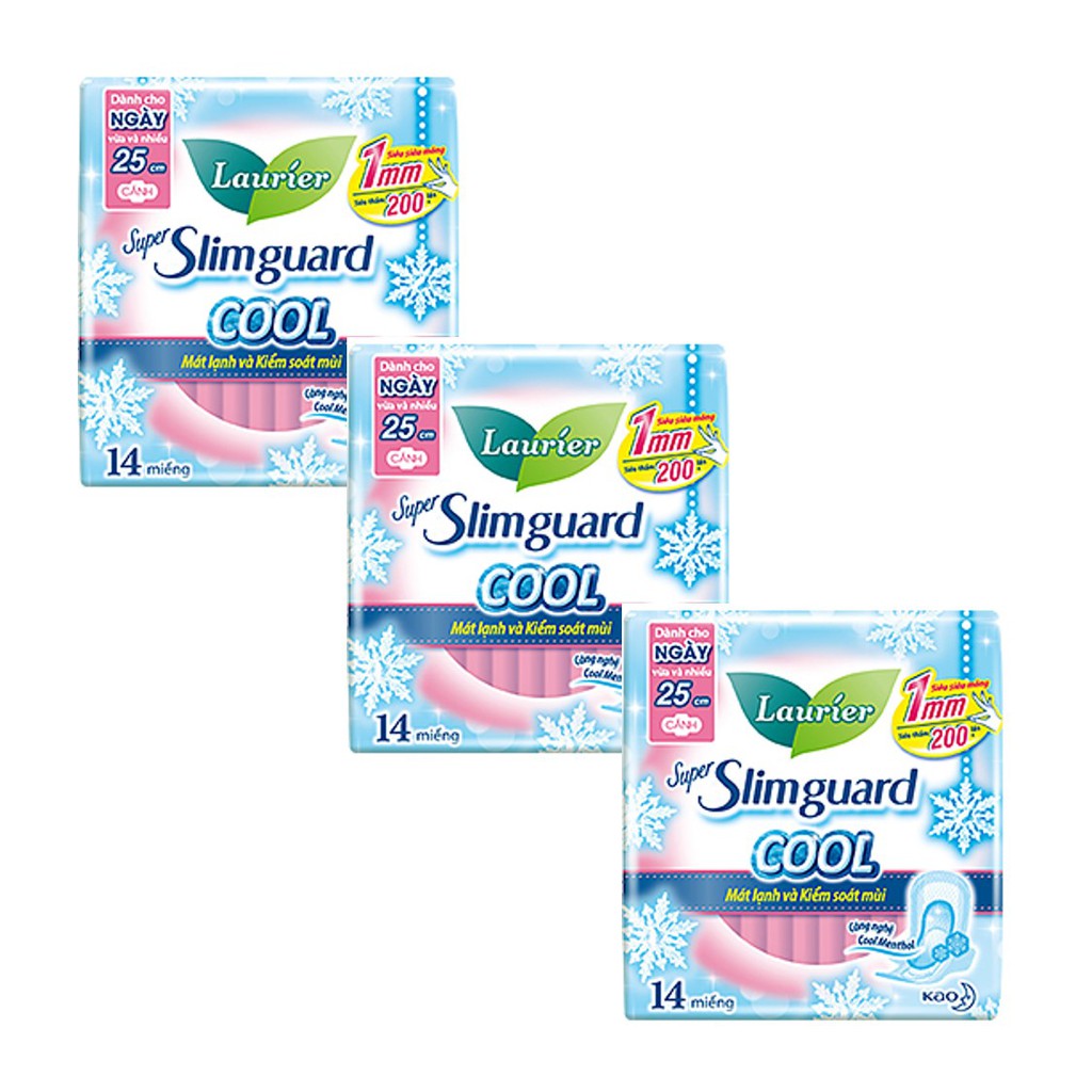 Combo 3 gói Băng Vệ Sinh Laurier Siêu Mỏng Cánh 1mm Super Slimguard Cool Mát Lạnh (25cm-14M)