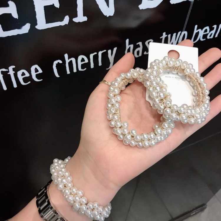 Dây buộc tóc cao su vàng độ co giãn cao đính hạt ngọc trai phong cách Hàn Quốc sang trọng dễ phối đồ