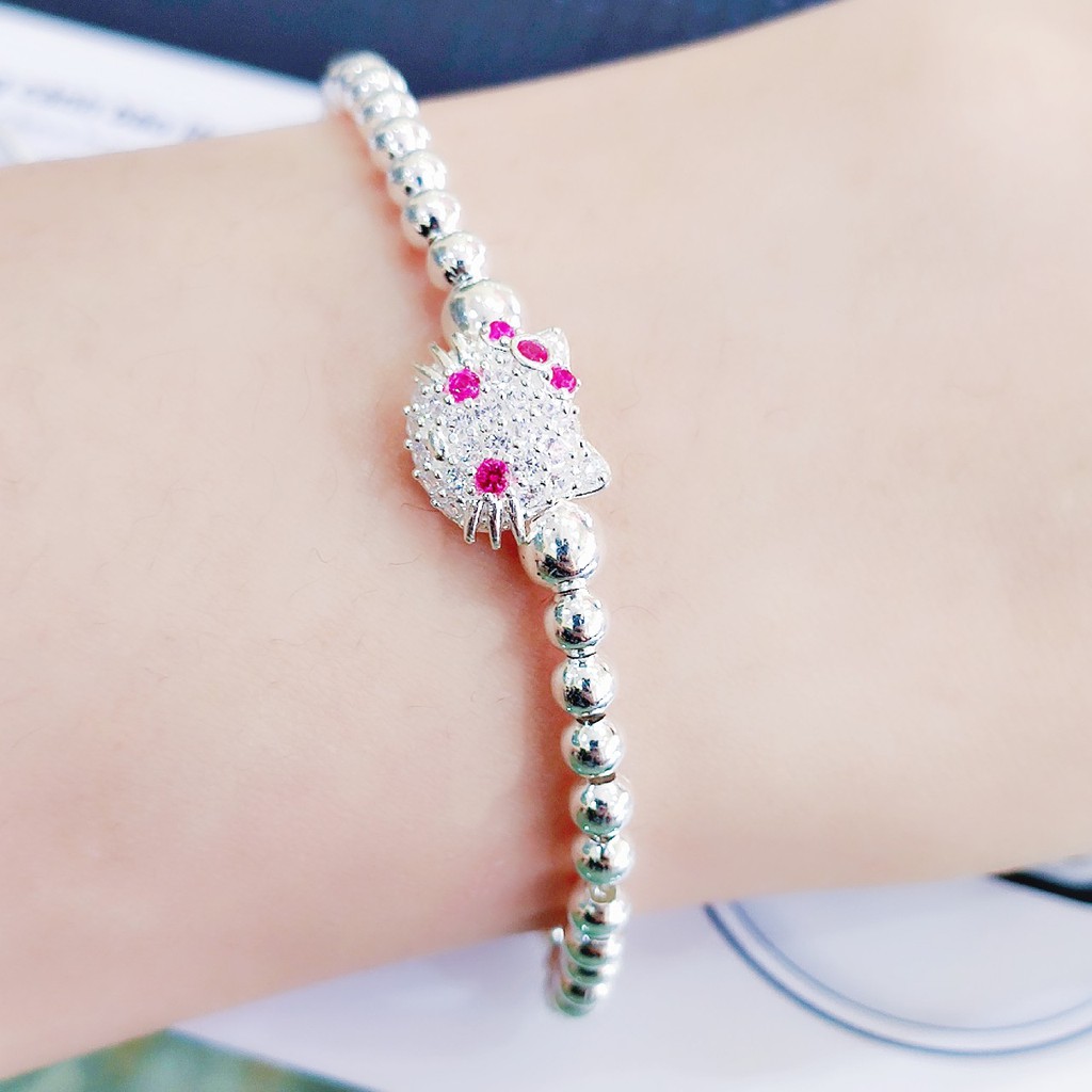 Set bộ bạc set lắc bi và dây chuyền mèo hello kitty đính đá trắng nhỏ xinh cho bé