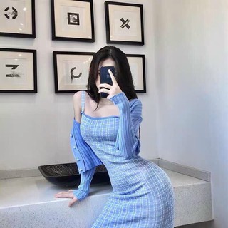 Set đầm len tăm 2 dây sọc phối áo cùng màu
