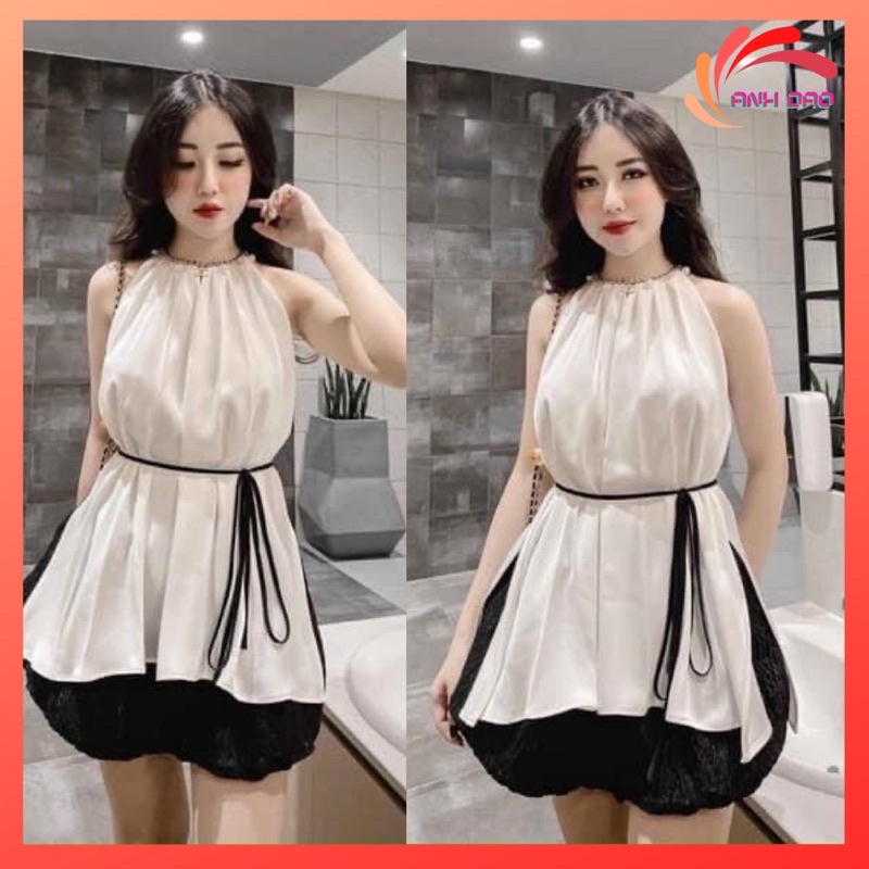 Set yếm lụa phối short bồng gấm xốp kèm đai cột eo đi chơi đi tiệc V00501 màu trắng AĐ BOUTIQUE