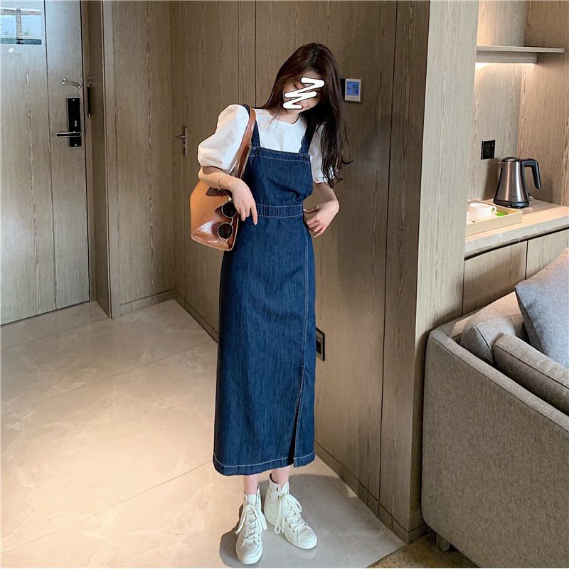 /Sẵn yếm M, L/ Set váy yếm bò dáng dài xẻ tà và áo sơ mi tay phồng cổ tròn - psyche | BigBuy360 - bigbuy360.vn