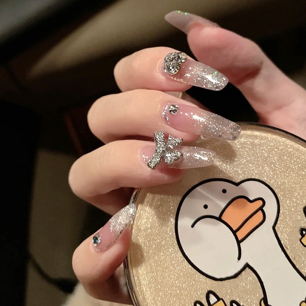 Set 24 miếng gắn móng đính nơ dáng dài thời trang có keo tháo rời được tiết kiệm thời gian