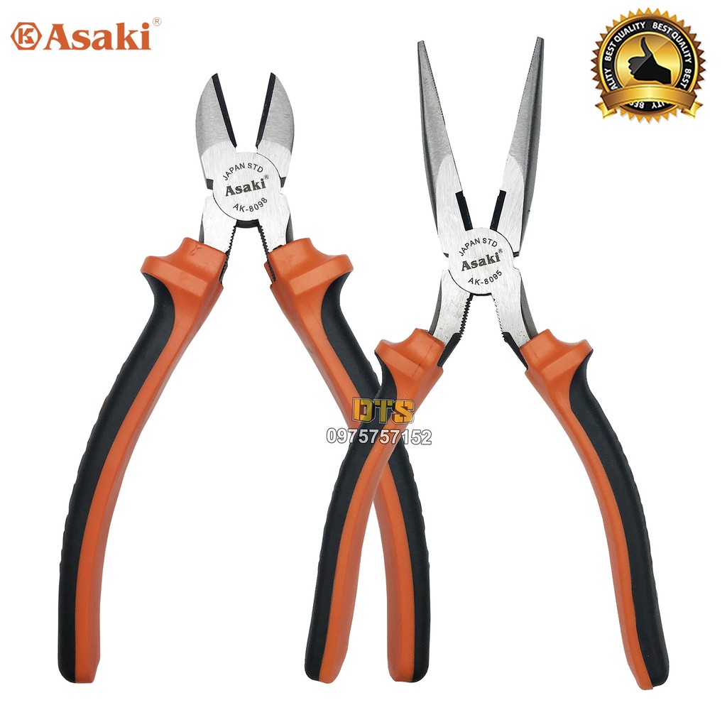 Bộ 2 kìm cắt - kìm nhọn kiểu Mỹ Asaki A+cut Tech 8 inch/ 200mm, thép High Carbon độ cứng cao