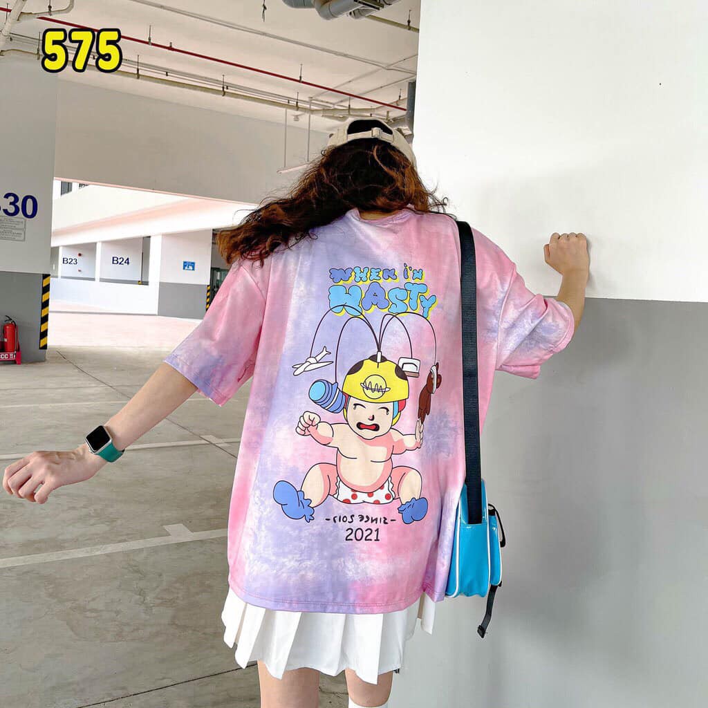 Áo thun nam nữ overisize loang màu hình BABY KHÓC