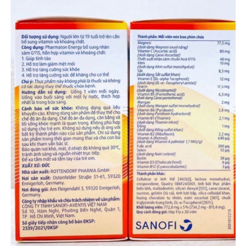 Viên uống Pharmaton energy bổ sung vitamin tổng hợp và khoáng chất ( hộp 30 viên)