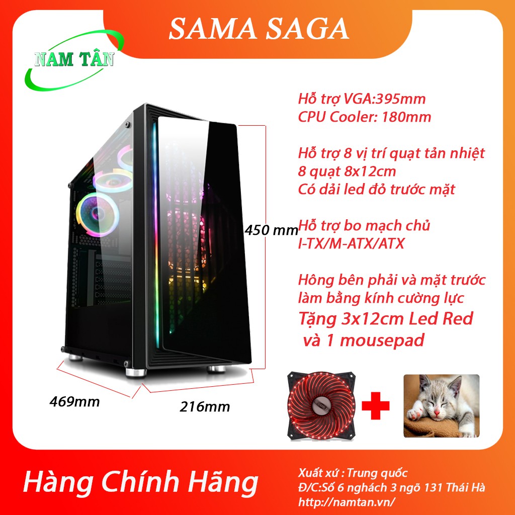 Vỏ Case Gaming máy tính SAMA SAGA ( Tặng 3x12cm Red led 33 bóng + 01 bàn di chuột)