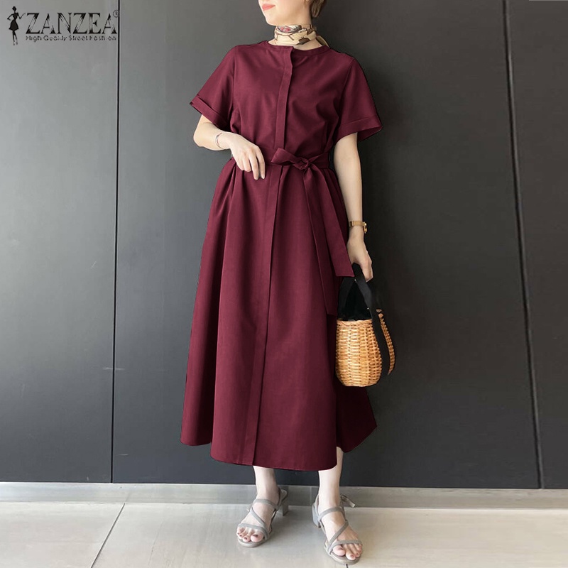 Đầm dài ZANZEA cổ tròn tay ngắn màu trơn phối túi thời trang tùy chọn màu sắc cho nữ
