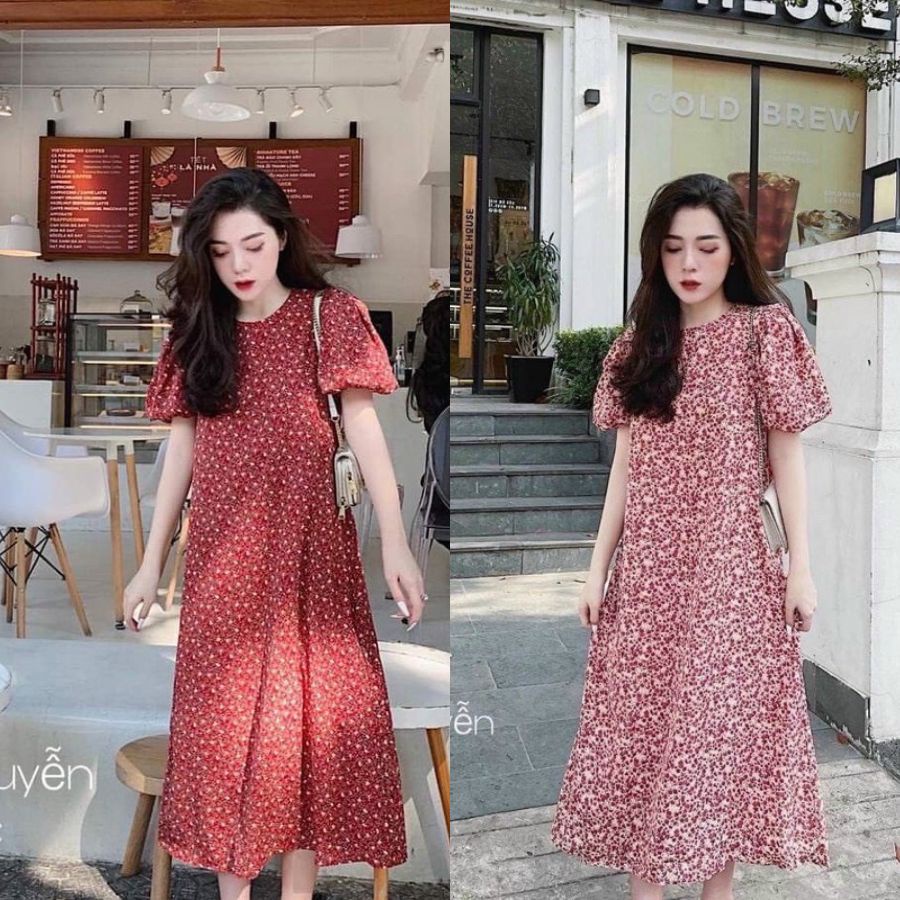 Váy hoa nhí đẹp 🍅 FREESHIP 🍅 Váy bầu hoa nhí dáng suông tay bồng